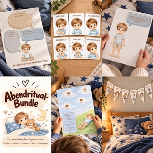 Può includere: Un set educativo composto da carte e poster illustrati con un bambino in stile cartoon, che raffigurano varie emozioni come rabbia, tristezza, felicità, paura, amore e riflessione, con testi in tedesco per la riflessione quotidiana.