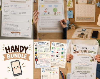 May include: A collection of printed educational worksheets and a certificate designed for children regarding mobile phone usage, featuring German text such as Handy Vertrag, Handyführerschein, and Sicherheit im Netz, with illustrations of smartphones, traffic lights, and icons.