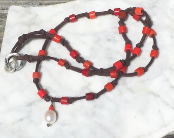 Red Antique African Prosser Padre Beads on Vegan Suede with Freshwater Pearl Dangle, Brown Suede and Shades of Red Adjustable Necklace