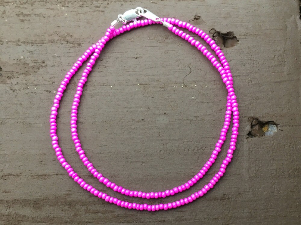 Bright Shocking Pink Tiny Seed Bead Necklace Choker, Tiny Pink Seed