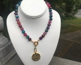 Rainbow Agate Gold Coin Pendant Necklace, 10mm Multi-Color Faceted Agate Removable Two-Sided Gold Pendant, Sailor's Clasp