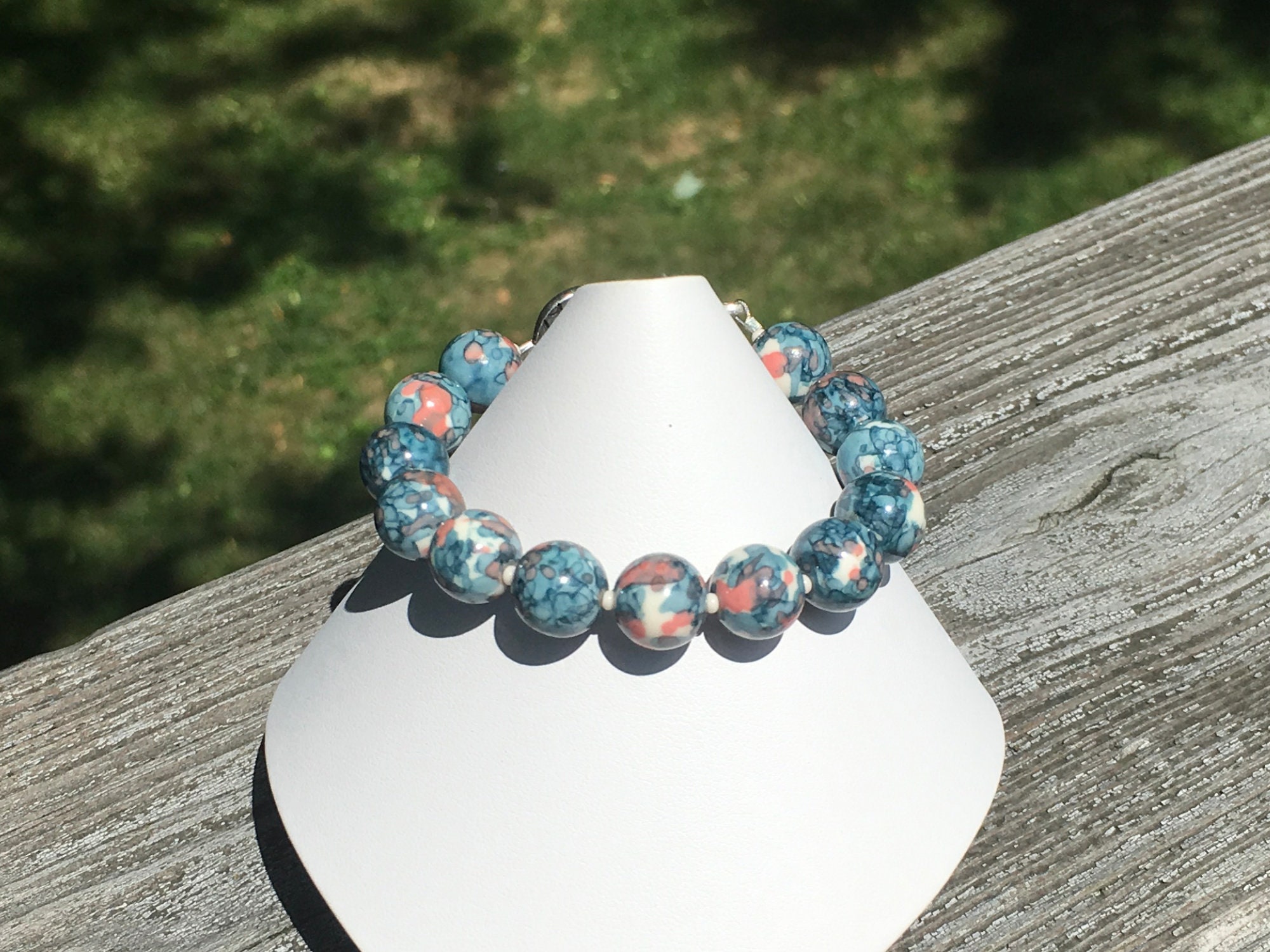 Rain Flower Jade Bracelet, Ink Blue and Orange Rain Flower Beaded Bracelet, Stone and Seed Bead