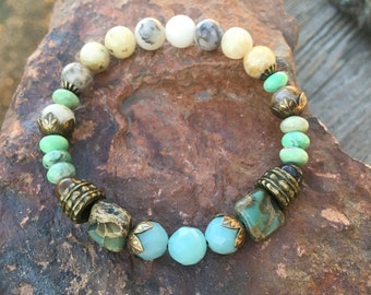 Multi-Stone Stretch Bracelets, Amazonite, Opal, Crystal, Magnesite, Jasper and Bronze Beads