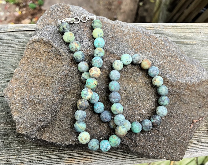 Featured listing image: African "Turquoise" Matte Finish Stone Choker/Necklace, 8mm Matte Finish Natural Stone, Sterling Silver Clasp
