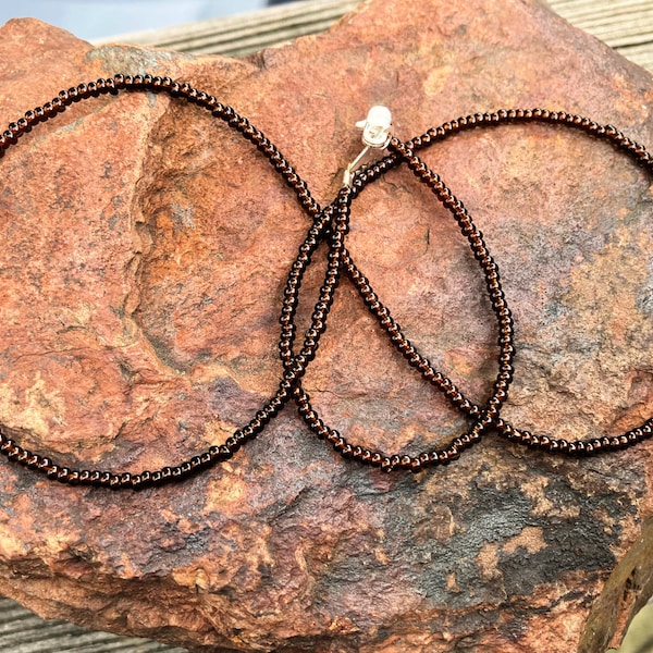 Super Tiny Translucent Brown Seed Bead Necklace, Size 11-0 Root beer Color Seed Bead Choker/Necklace, Choose A Length