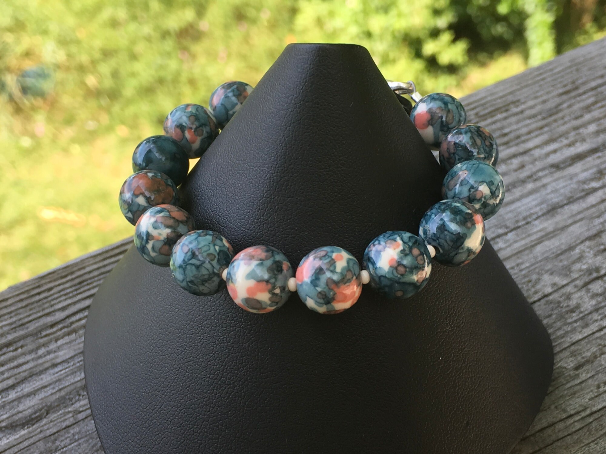 Rain Flower Jade Bracelet, Ink Blue and Orange Rain Flower Beaded Bracelet, Stone and Seed Bead