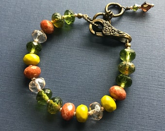 Crystal Bracelet, Earth Tones Czech Glass Crystal Rondelle and Seed Bead with Large Bronze flowered Lobster Clasp, Nature Tones