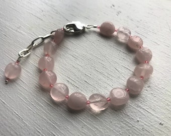 Rose Quartz and Pink Seed Bead Adjustable Bracelet, 8 mm Smooth Stone Rose Quartz Pebble Nuggets with Lobster Claw and Chain Adjustment