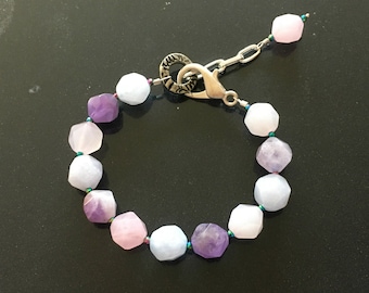 Multi Stone Pastel Bracelet, 9-10mm Star Cut Aquamarine, Amethyst and Rose Quartz with Rainbow Titanium Hematite, Adjustable