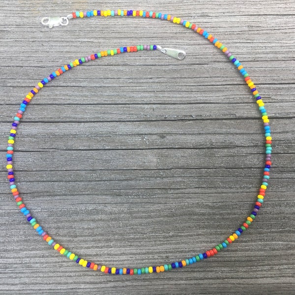 Multi-Color Super Tiny Seed Bead Necklace, Matte OR Shiny Rainbow Size 11 Seed Bead Necklace/Choker, Choose a Length - Now Shiny Option!