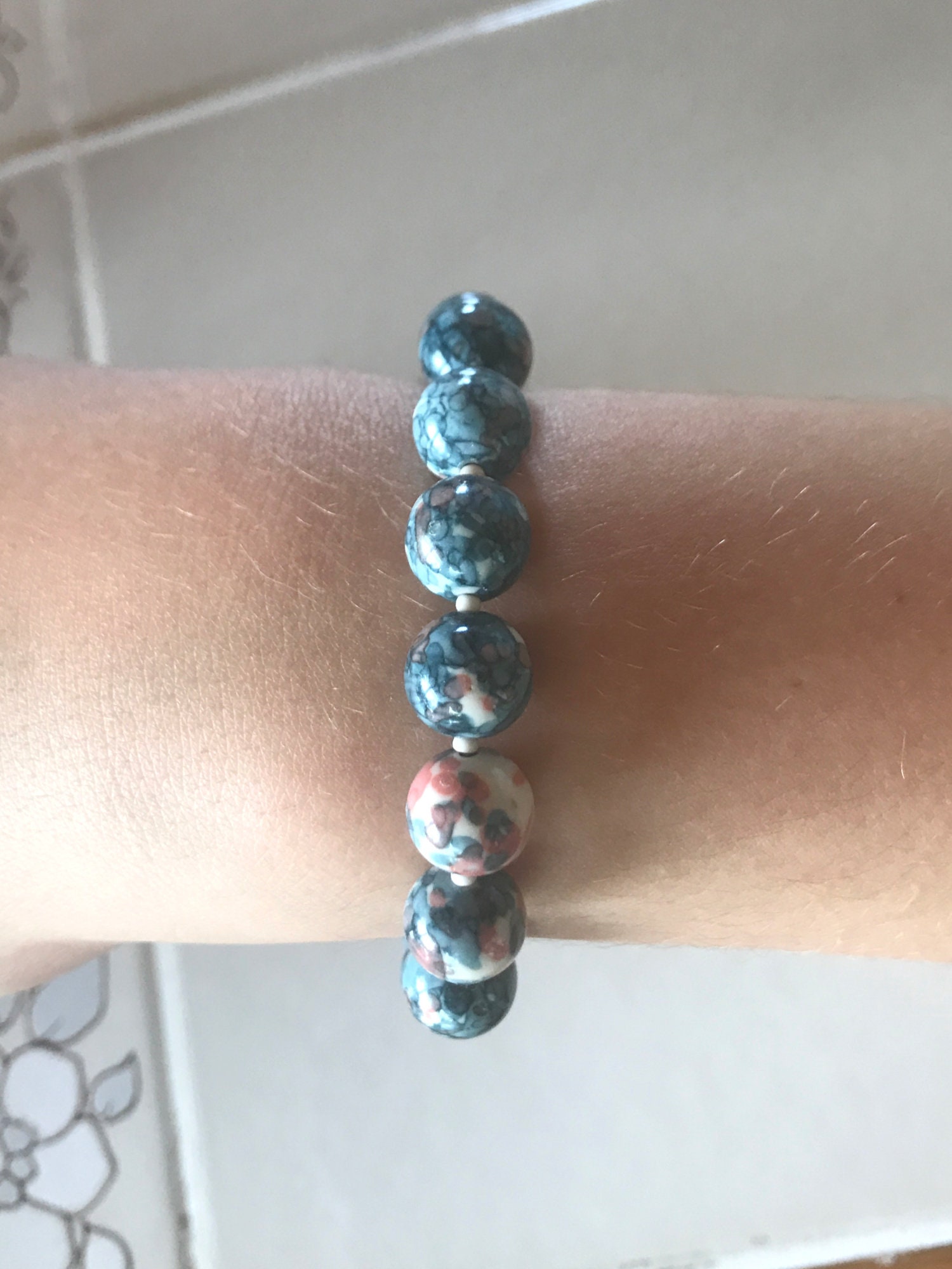 Rain Flower Jade Bracelet, Ink Blue and Orange Rain Flower Beaded Bracelet, Stone and Seed Bead