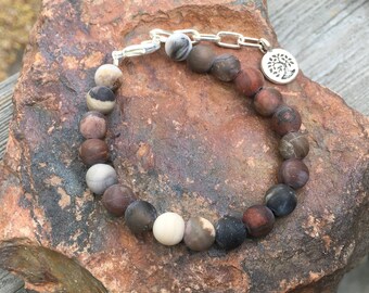 Petrified "Wood" Jasper Adjustable Bracelet, Fossilized "Wood", Matte Finish Brown Stone, Tree of Life Charm, 8mm Beads