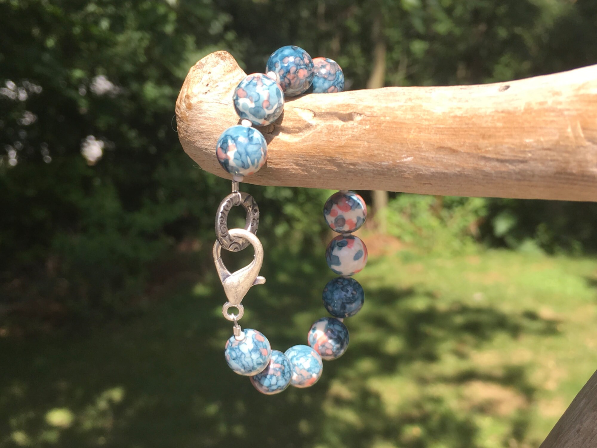 Rain Flower Jade Bracelet, Ink Blue and Orange Rain Flower Beaded Bracelet, Stone and Seed Bead