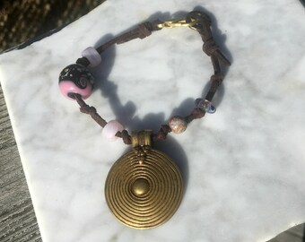Vegan Suede and Brass African Trade Charm Beaded Bracelet, Faux Suede, Fused Glass, Ocean Jasper, Pink Glass Beads