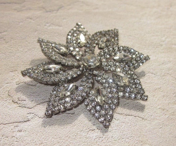 Vintage Crystal Flower Brooch - Crystal Pin, Silv… - image 2