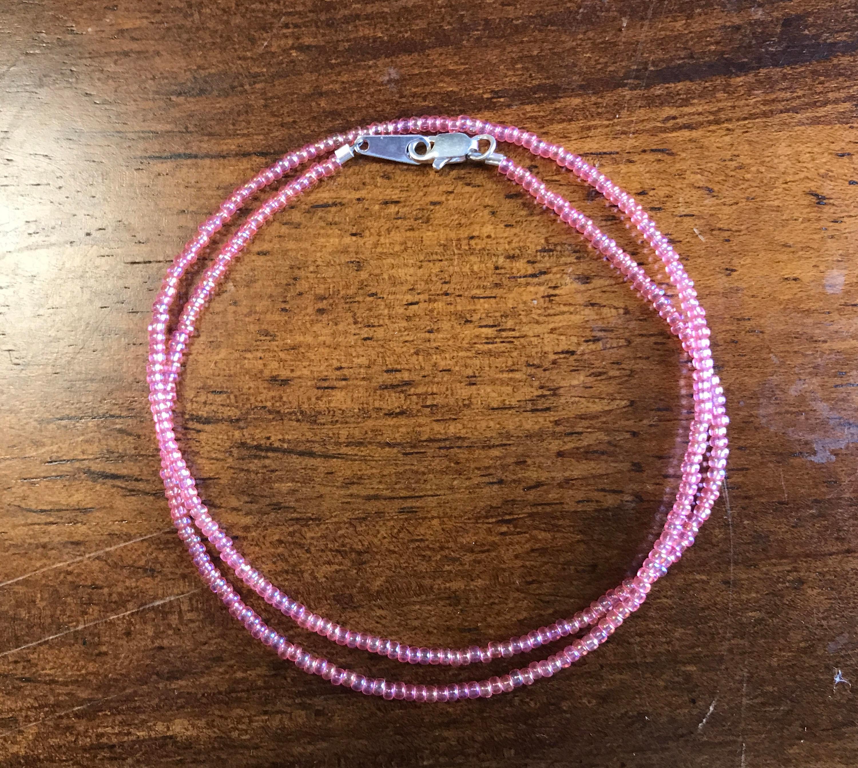 Super Tiny Pink Seed Bead Necklace / Choker, Rainbow Finish Translucent Czech Glass Size 11 Tiny