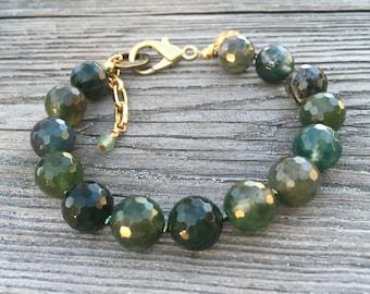 Moss Agate and Seed Bead Adjustable Bracelet with Gold Clasp and Pinecone Charm, Large 10mm Faceted Green Stone Bracelet