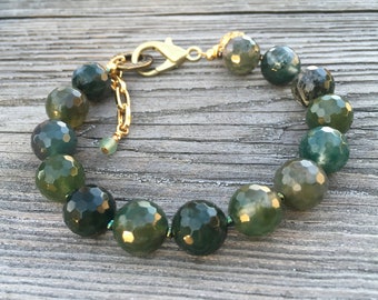 Moss Agate and Seed Bead Adjustable Bracelet with Gold Clasp and Pinecone Charm, Large 10mm Faceted Green Stone Bracelet