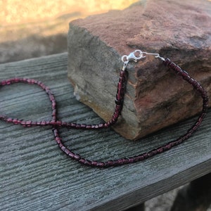 Garnet Heishi Choker Necklace, Tiny Tube Bead Deep Red Garnet Short Necklace, sterling silver clasp