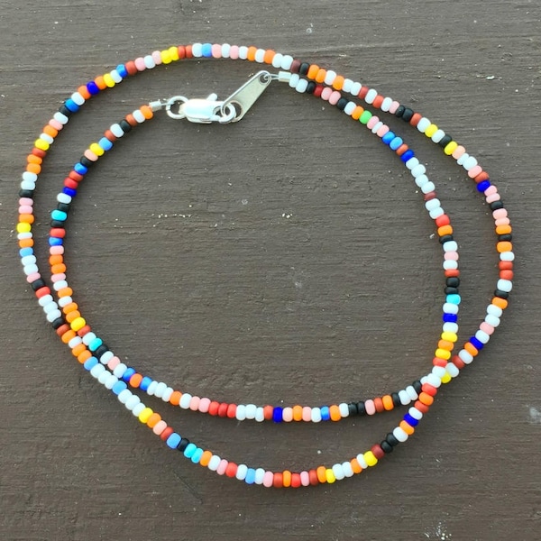 Multi Color Opaque Matte Super Tiny Seed Bead Necklace/Choker, Choose a Length, Blue, Orange, White, Black, etc., Indian Summer Mix