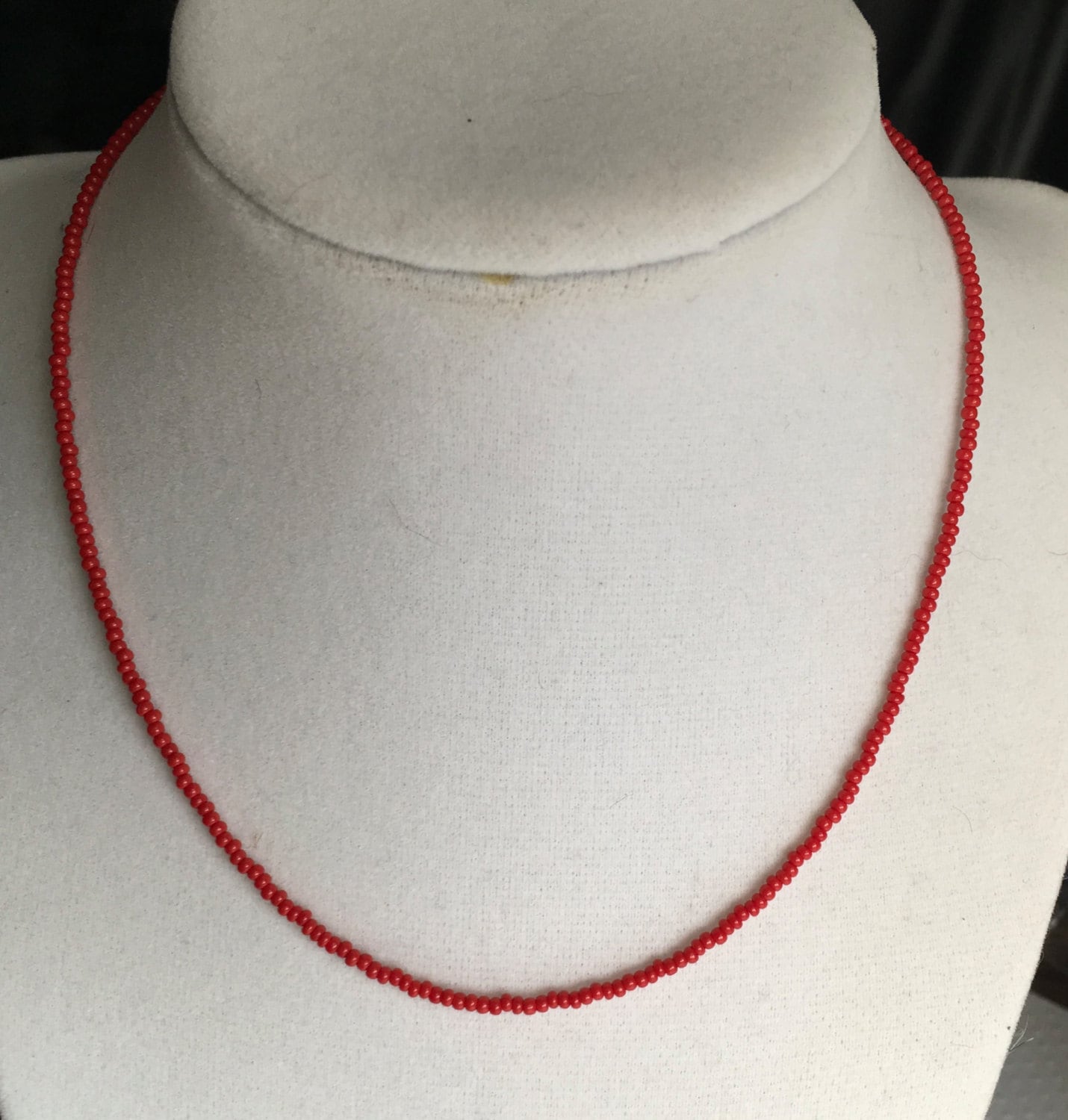 Bright Red Super Tiny Seed Bead Necklace Choker Length, Choker