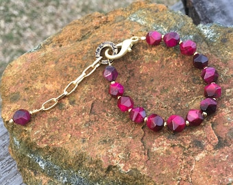 Rose Red Dragon's Eye Star Cut Adjustable Bracelet, Tiger's Eye, Cranberry Red and Brass Beaded Stone Bracelet, Rose Red