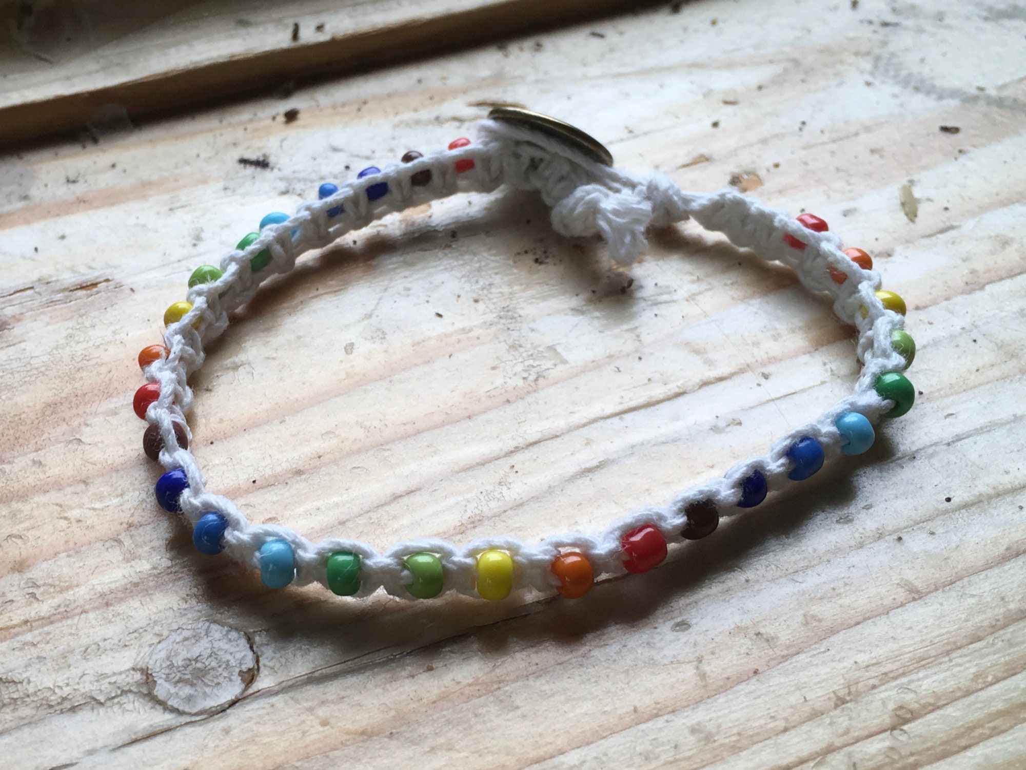 White flat hemp twine bracelet or anklet with 7 Chakra gem beads