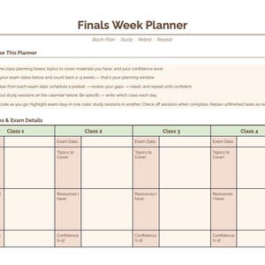 Peut inclure: Un planificateur de semaine d'examens avec un fond crème. Il comprend des sections pour les dates d'examen, les sujets à couvrir, les ressources et les niveaux de confiance. Des instructions sont fournies en haut, avec le titre "Finals Week Planner".