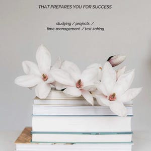 May include: A stack of books topped with white magnolia flowers. The image includes the text "Create a Study Plan" and "THAT PREPARES YOU FOR SUCCESS". Additional text includes "studying / projects / time-management / test-taking".