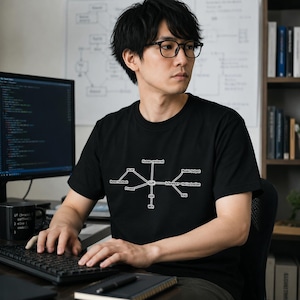 May include: A black t-shirt with a white diagram of a machine learning model. The diagram includes terms like "Human Feedback," "Prompt," and "Model Output." The person in the image is wearing glasses and is sitting in front of a computer.