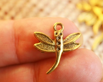 10 Dragonfly Charms Antique Gold Tone 19 x 17 mm US Seller cg145