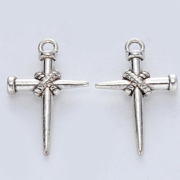 10 Silver Nail Cross Charms Antique Silver Tone 25 x 17 mm US Seller ts1931