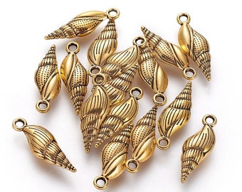 10 Sea Shell Charms Antique Gold Tone Metal 23 x 8 mm US Seller cg391