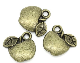 12 Apple Charms Double Sided Antique Bronze Tone 12 x 11 mm US Seller bz401