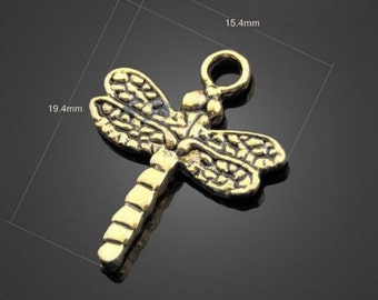 3 Dragonfly Charms Antique Gold Tone 19 x 15 mm US Seller cg385