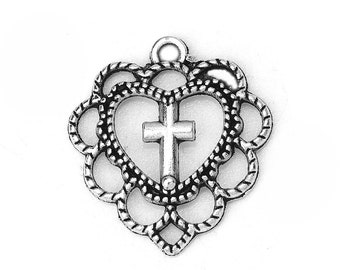 8 Cross Heart Charms 22 x 20 mm Antique Silver Tone  - ts1367