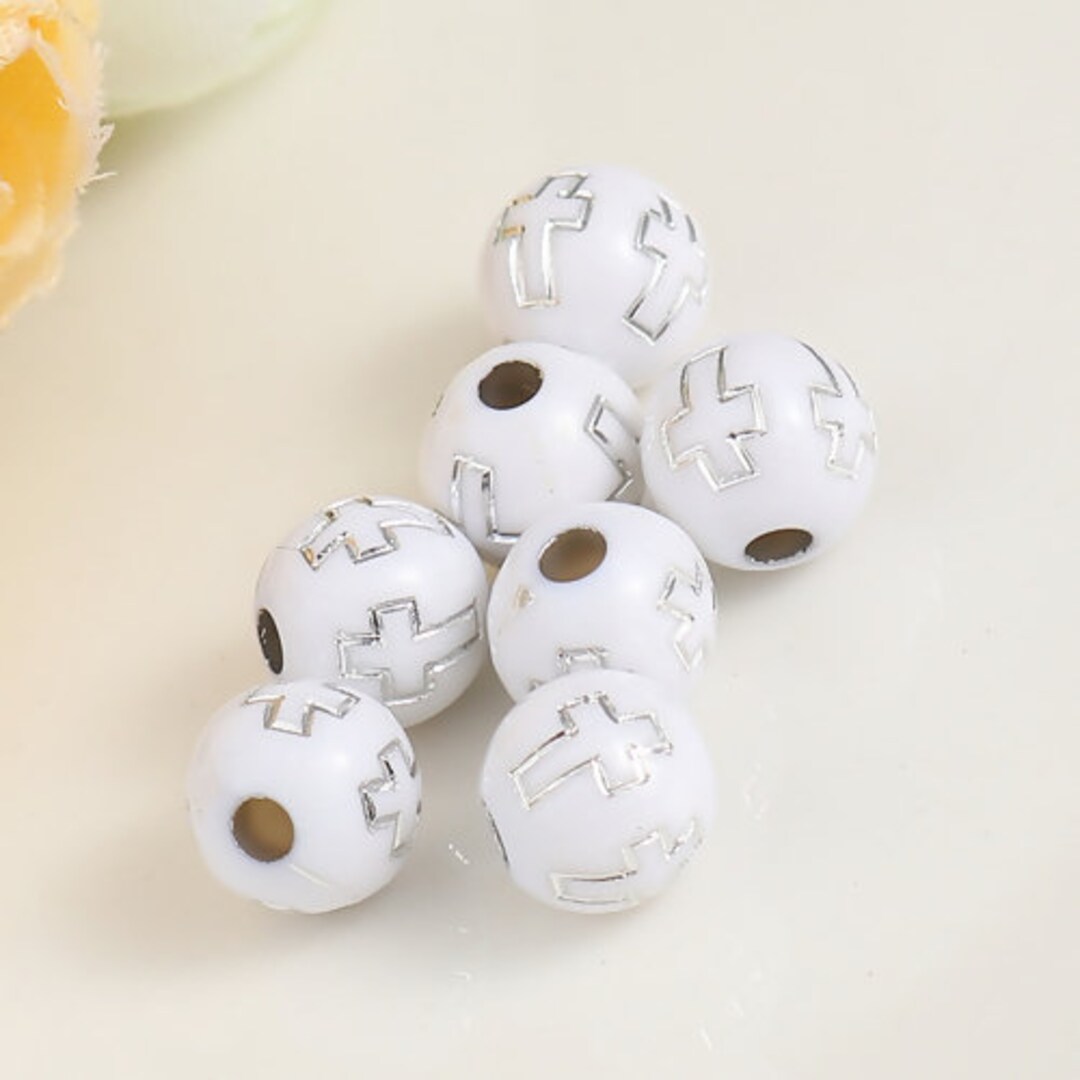 100 Cross Beads Round Christian Bead White Spacer Bead Etched Silver