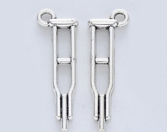 3 Crutch Charms Double Sided Antique Silver Tone 30 x 10 mm US Seller ts1923