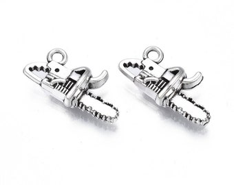 10 Chainsaw Tool Charms 20 x 10 mm 3D Antique Silver Tone US Seller  ts1842