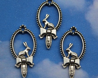 10 Rabbit Charms Antique Silver 26 x 13  mm  US Seller - ts927