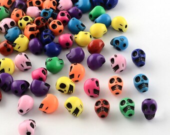 50 Skull Acrylic Beads Multicolored Skull Head Acrylic Plastic Halloween Beads 10 x 9 mm US Seller pa228