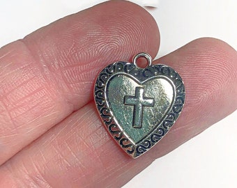 10 Cross Heart Charms 19 x 7 mm Antique Silver Tone U.S Seller  - ts1873