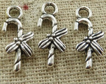 12 Candy Cane Charms Christmas Candy Pendants 17 x 8 mm Antique Silver  ts1100