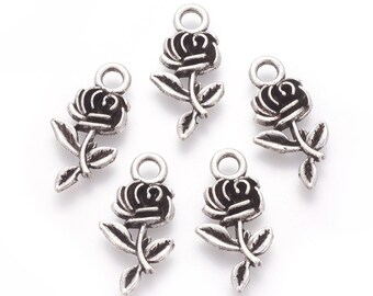 12 Rose Flower Charms Antique Silver Tone 21 x 11 mm US Seller ts1816