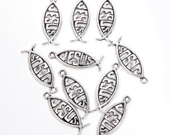 10 Jesus Fish Charm Ichthy Charm Antique Silver Tone 27 x 10 mm US Seller ts341