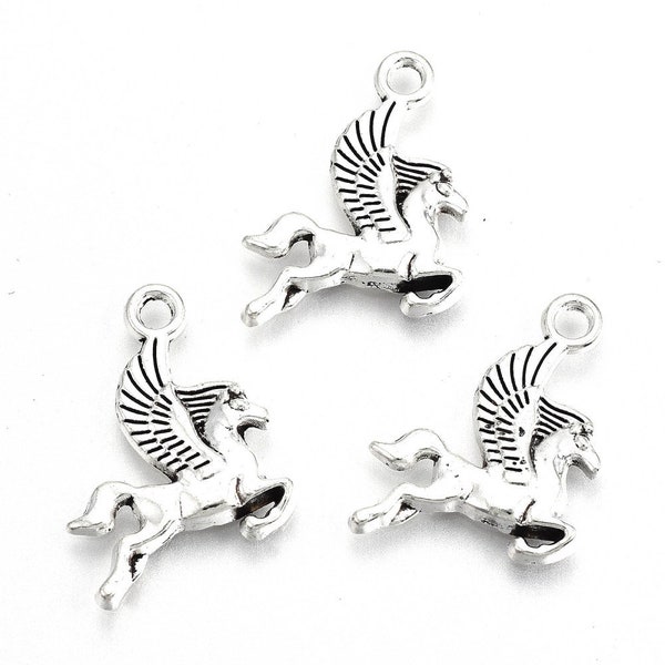 10 Pegasus Charms Antiqued Silver Flying Horse Jewelry Fairy Tale Findings ts1861