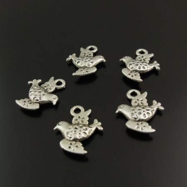 12 Bird Dove Charms  Double Sided Antique Silver Tone 16 x 13 mm US Seller - ts272