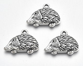 3 Hedgehog Charms Antique Silver Tone Double Sided 20 x 15 mm US Seller  ts1880