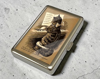 Cat Plays Piano Cigarette Case Art Design Metal Zigarettenetui Joint Holder