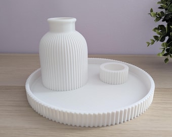 Nordic Ribbed Decorative Set | 3D Printed Tray, Vase, and Candle Holder | Minimalist Design for Living Room and Entryway